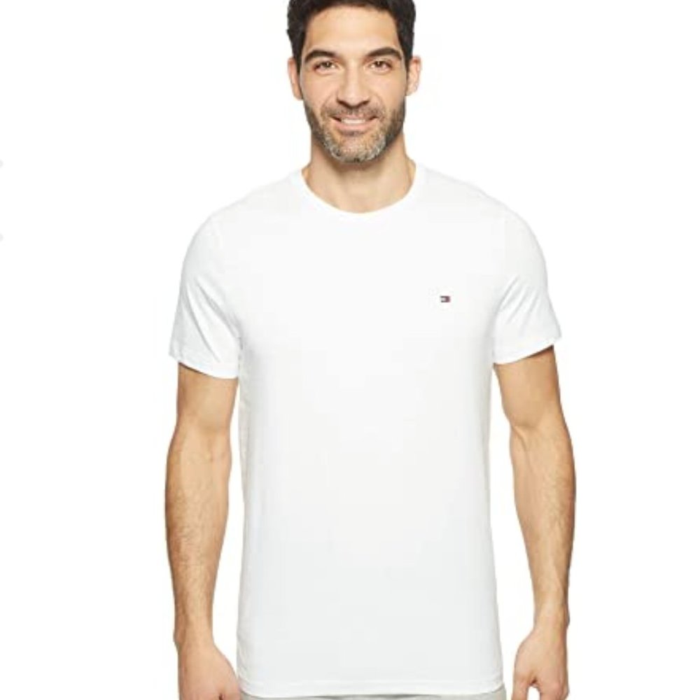 Tommy Hilfiger mens Flag Crew Neck Tee Top, White, Large US